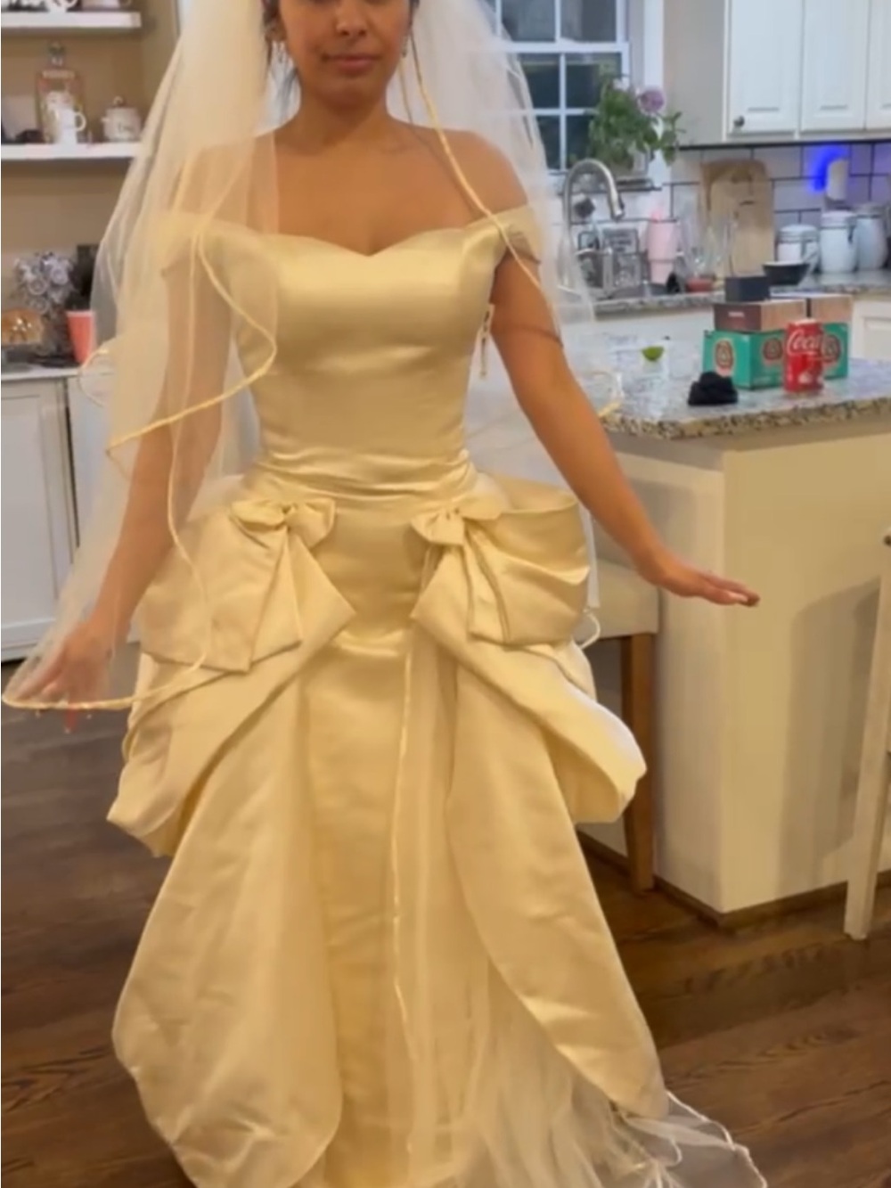 Ulla-Maija Champagne Satin Off-Shoulder Wedding Gown with Draped Bows